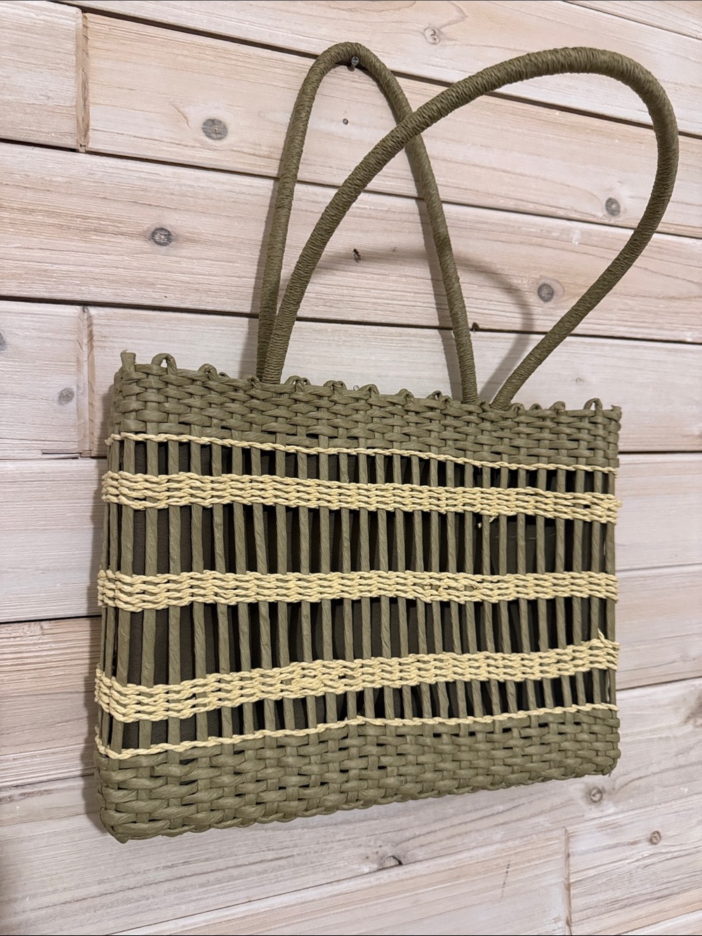 Olive Green Woven Straw Tote Bag with Cream Accents